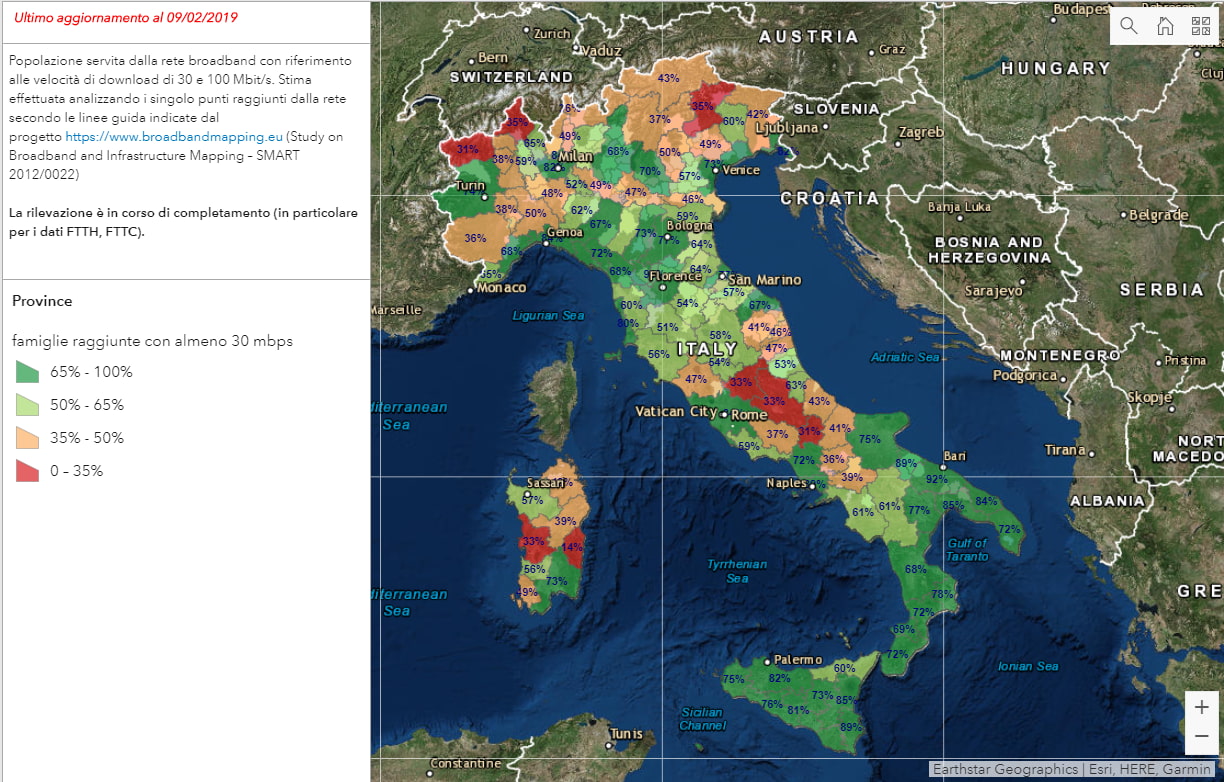 Mappa della copertura dell'ADSL in Italia.