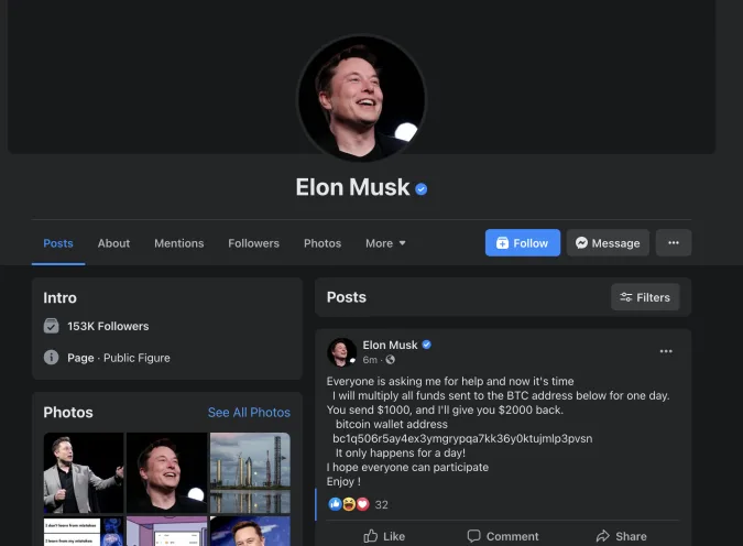 Facebook account fake Musk