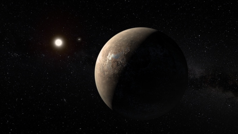 Artists impression of Proxima Centauri b shown hypothetically as an arid rocky super earth