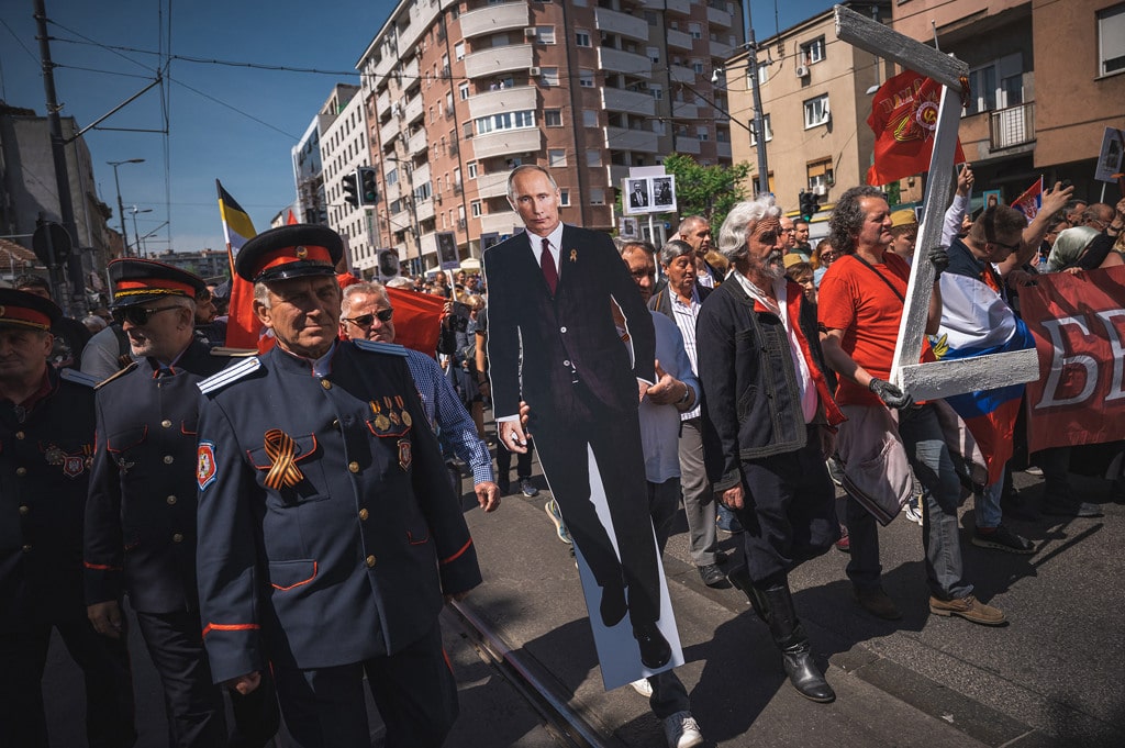 Belgrado, Serbia, 9 maggio 2022. Una manifestazione a sostegno dell’invasione russa dell’Ucraina. (Andrej Isakovic, Afp)