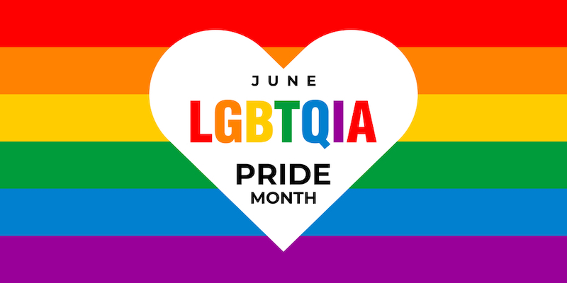 lgbt, lgbtqia pride month. Vector banner, poster for social networks, media. Concept with the LGBT rainbow flag and the text June lgbtqia pride month. Heart shaped logo design.