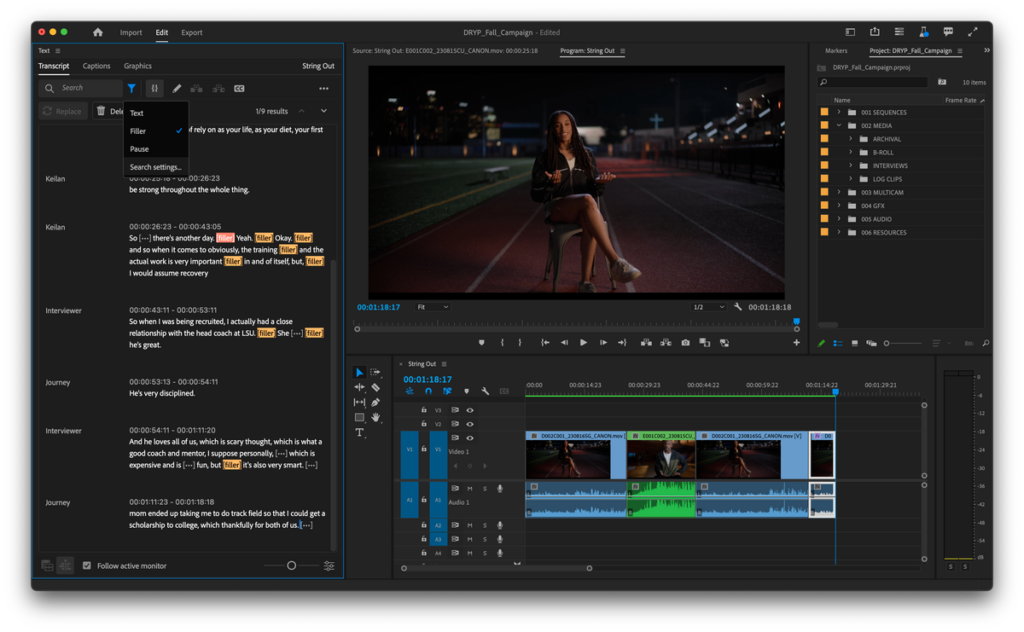 Adobe Premiere Pro aggiornamento autunno editing testo filler