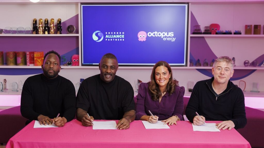 Siaka Stevens, Idris Elba from Sherbro Alliance Partners & Zoisa North Bond, Greg Jackson from Octopus Energy sign partnership min