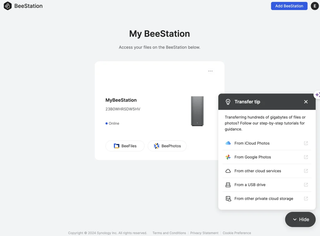 Synology BeeStation recensione: l'accesso via browser