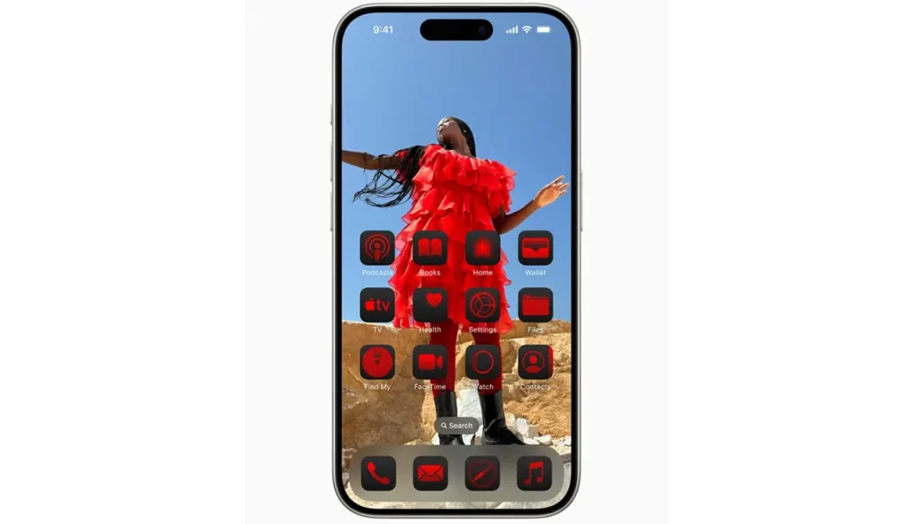 Apple WWDC24 iOS 18 Home Screen dark effect tinted red 240610