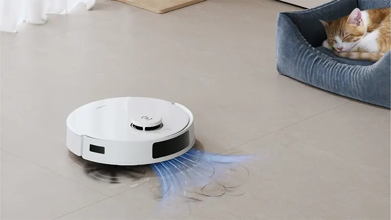 ecovacs deebot n20 plus aspirapolvere robot recensione con di fianco un gattino che dorme